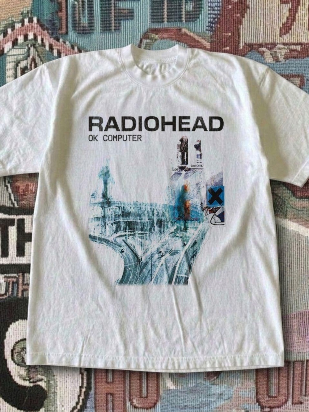 Gildan Radiohead OK Computer Graphic Tee - White with Blue & Black Print